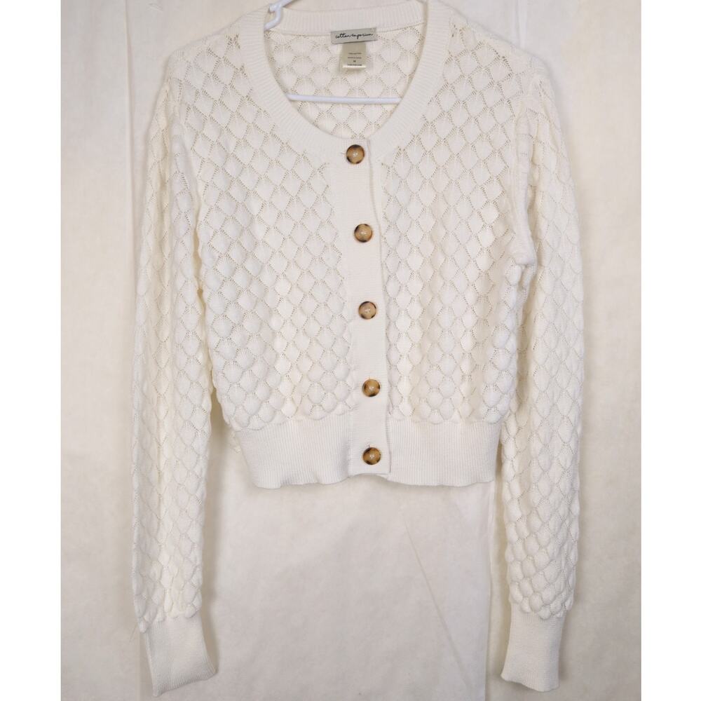 Cotton Emporium ivory open crocheted knit button up cardigan Size med Dainty